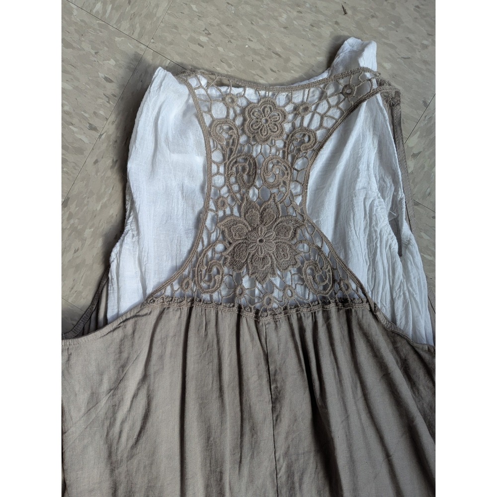 NWT 100% Linen Layered Boho Lagenlook Dress Crochet Back Tan Beige Made in Italy - Picture 9 of 12